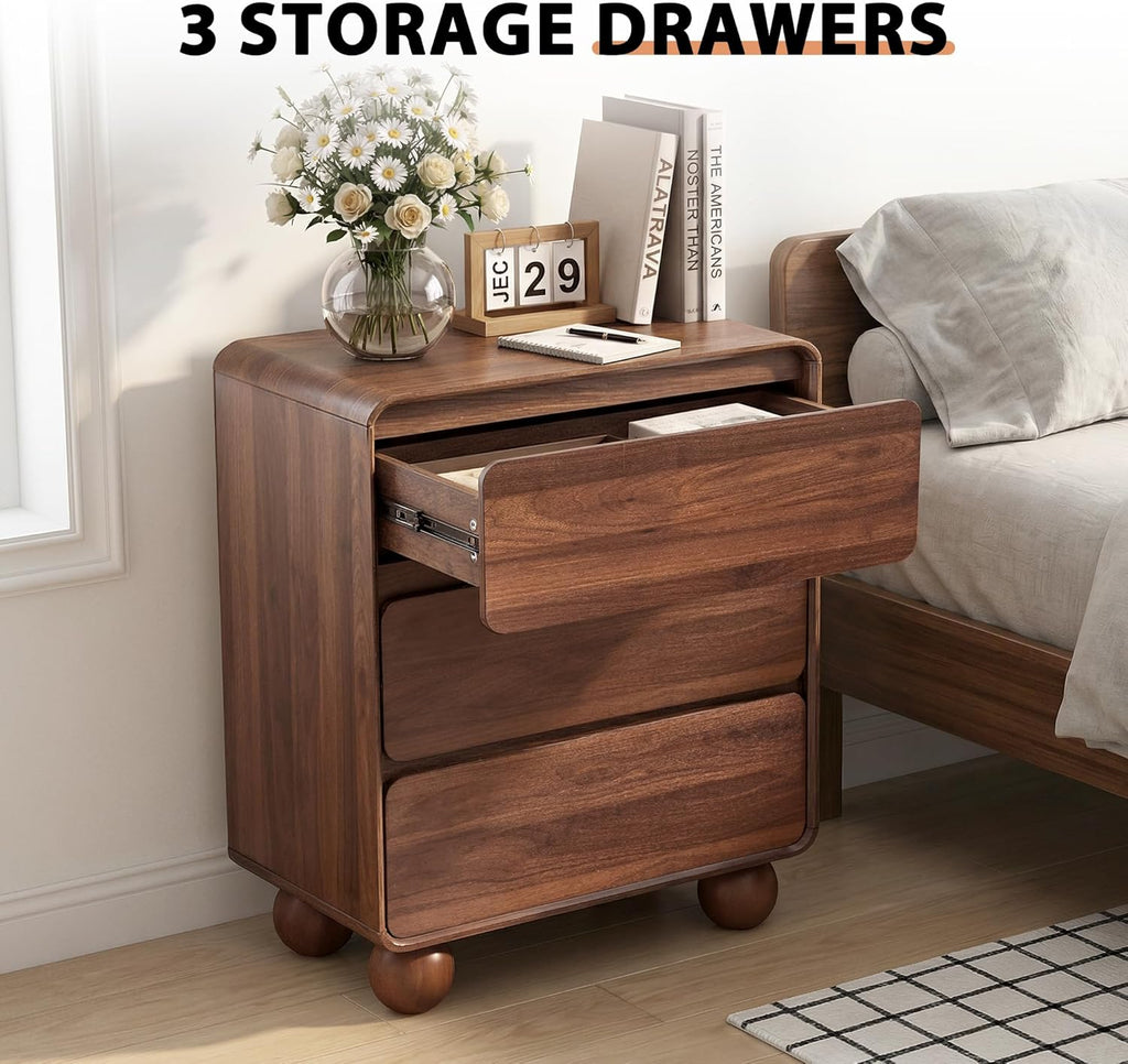 Wooden Night Stand wth 3 Drawer Dresser Mid Century Modern End Table Chest of Drawers, Solid Wood Legs & Curved