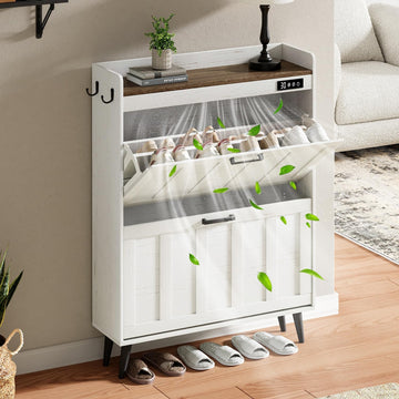Shoe Storage Cabinet with 2 Flip Drawers, Deodorizing Shoe Organizer Storage , Freestanding Hidden Slim Narrow Shoe