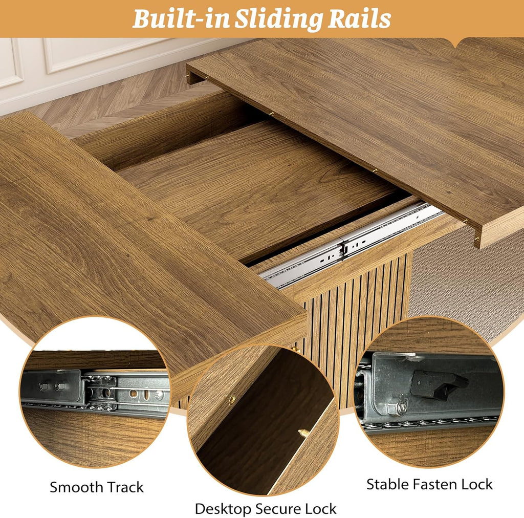 62.99"-78.74" Expandable Dining Table with Storage, Extendable Dining Table for 6-10 People, Extra Hidden Storage for Tableware & Wine, Modern Farmhouse Table for Kitchen Living Room-Brown