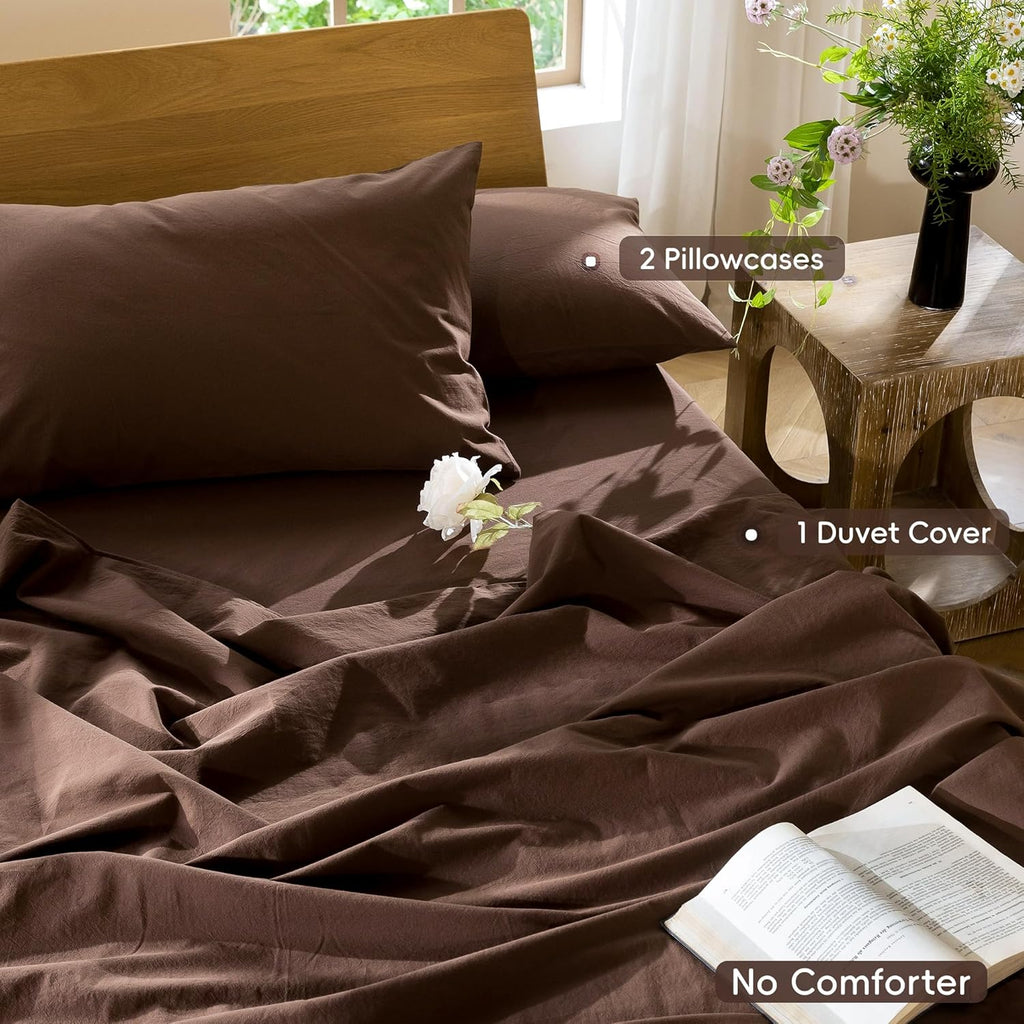 Bedding Duvet Cover Set 100% Washed Cotton Linen Like Textured Breathable Durable Soft Comfy (Solid Cocoa Brown