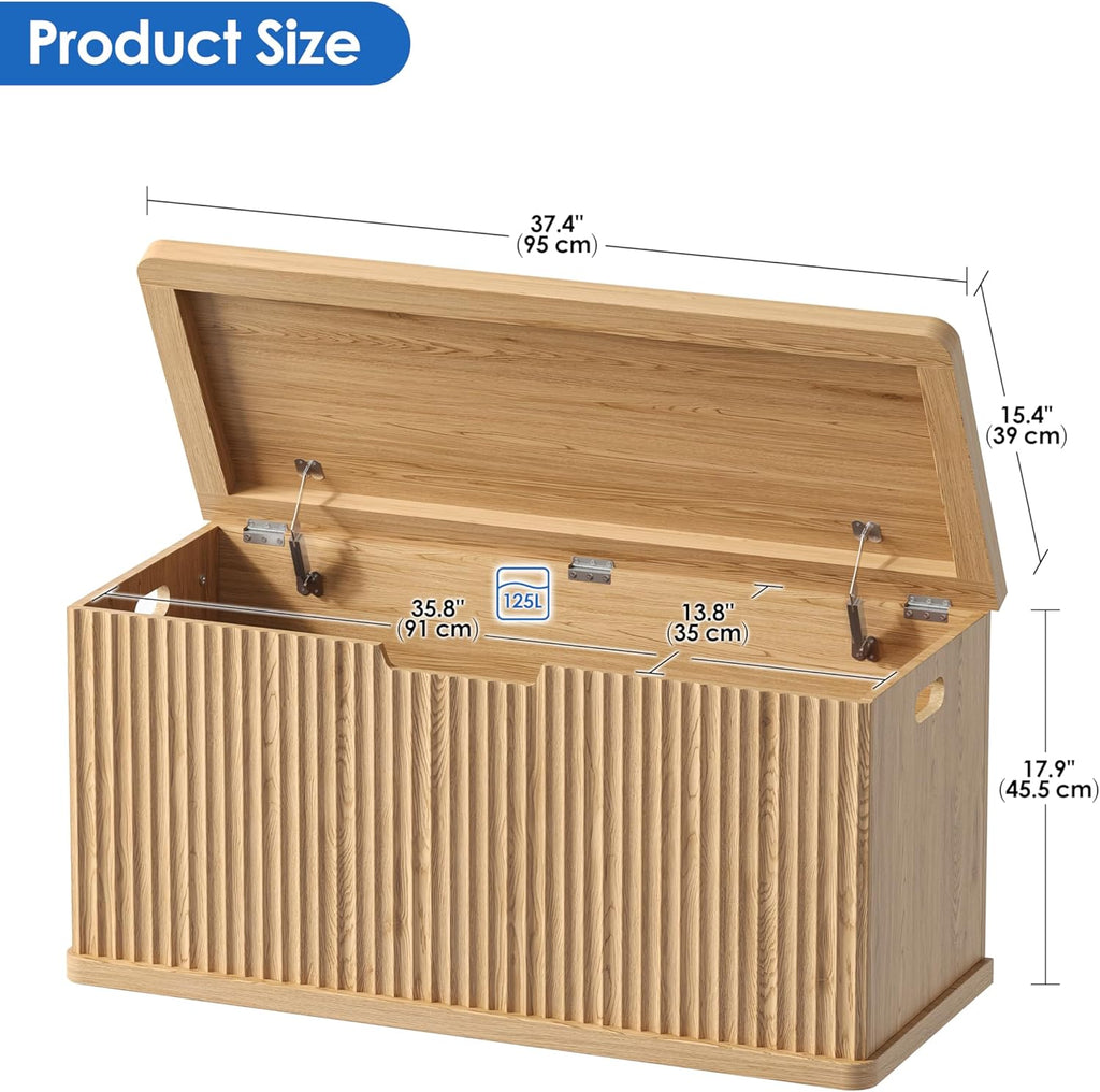 37.4" Fluted Storage Chest Wooden Storage Trunk 2 Safety Hinges Oak | Storage Chest with 2 Safety Hinges & Lift Top