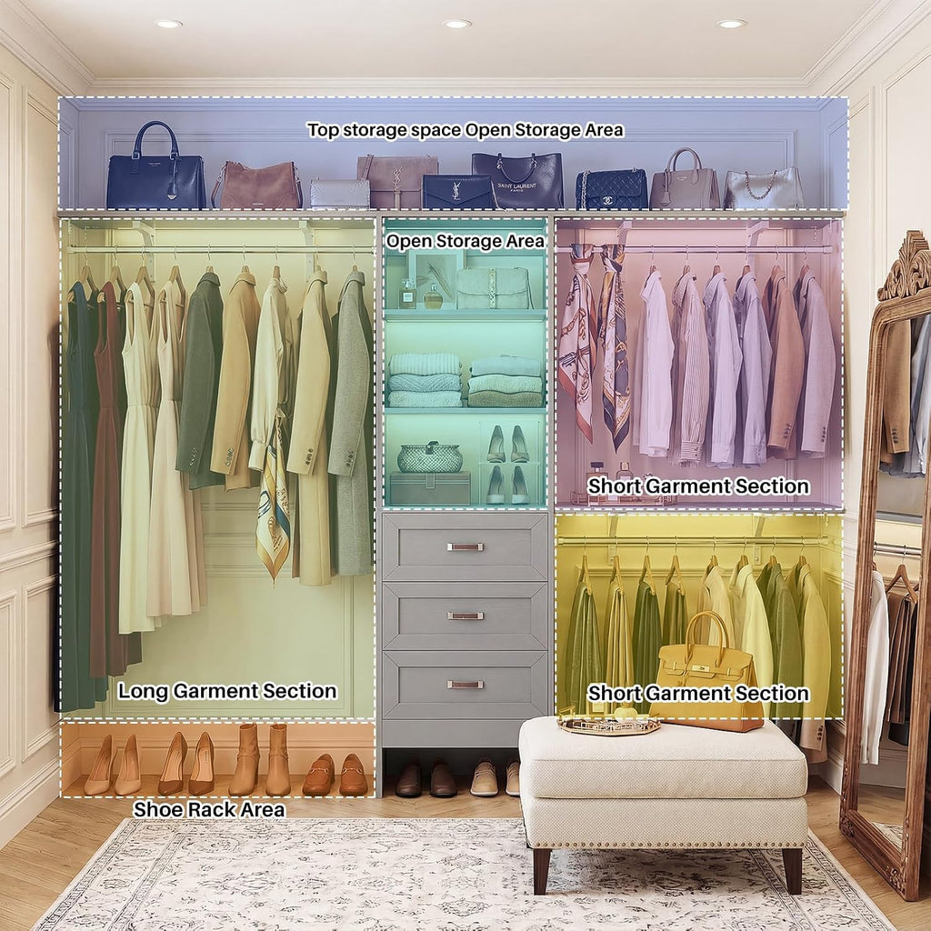 8FT Closet System with 3 Curved Drawers, 96'' Wooden Walk-in Closet Organizer with 3 Top Shelves, Adjustable