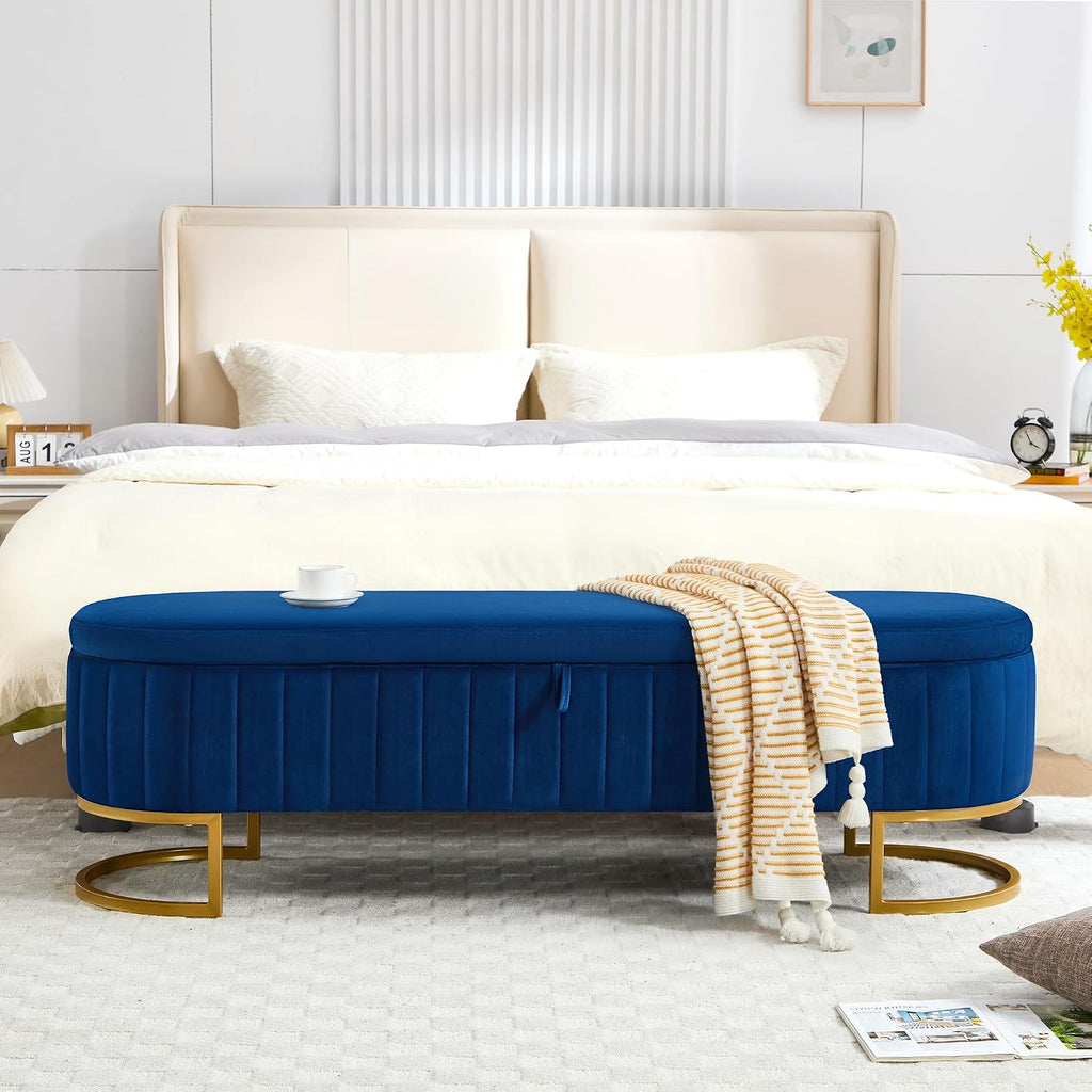 Storage Ottoman Bench, 63" Velvet End of Bed Bench Bedroom Bench King Size with Golden Metal Legs, Upholstered