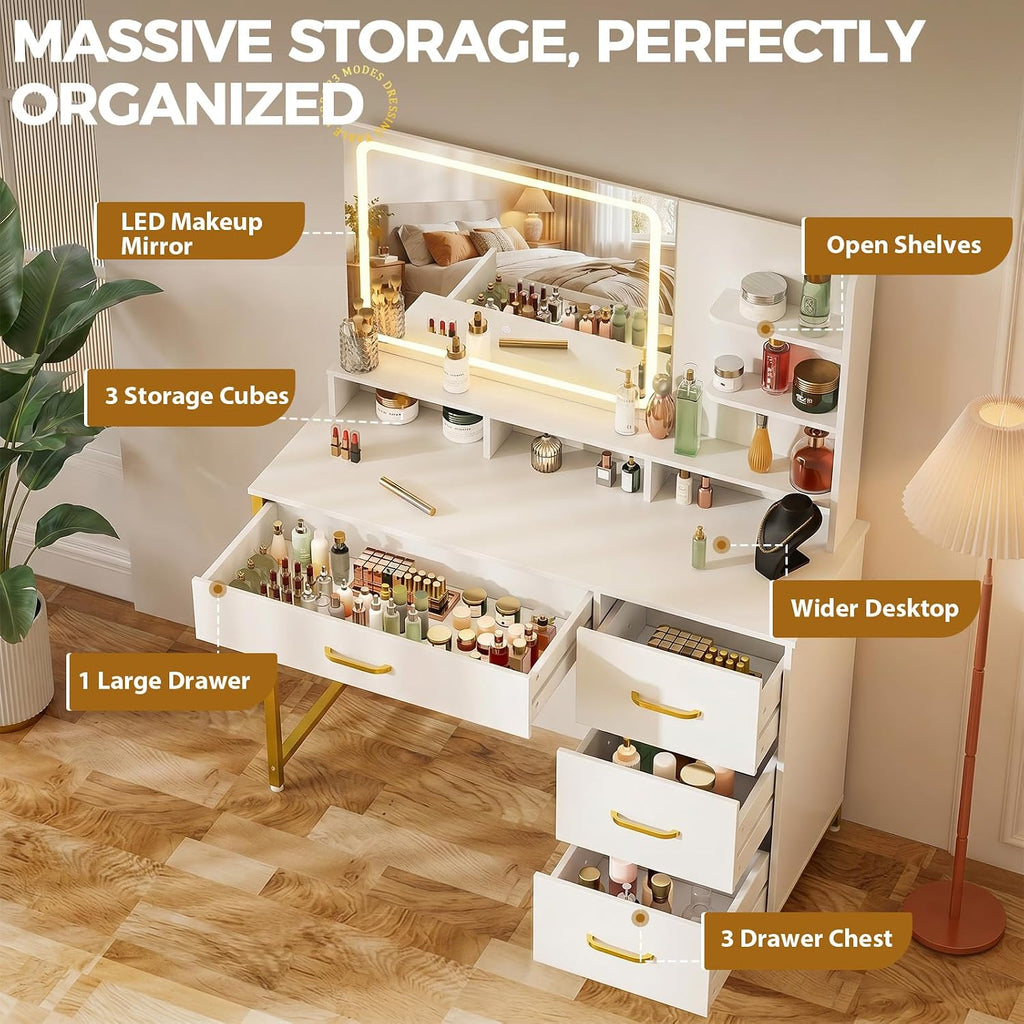 Vanity Desk with LED Lights Mirror, Makeup Vanity with Storage Drawers and Shelves, Modern Dressing Table for Women