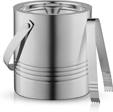 Metal Double Wall Ice Bucket with Lid, Ice Tongs and Strainer. 3L Insulated Ice Bucket for Cocktail Bar, Wine, Home - Set of 3