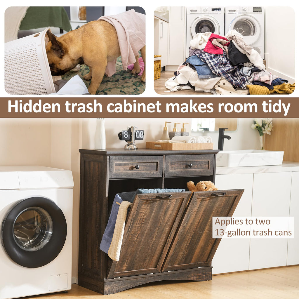 Double Tilt Out 2x13 Gallons Trash Can Cabinet, Rustic Brown