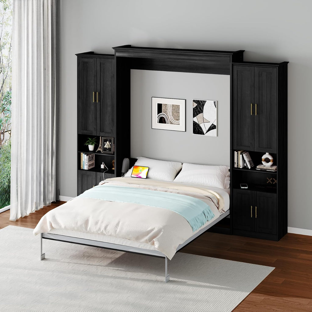 Murphy Bed Queen with 2 Side Cabinet Storage Shelves, Queen Wall Bed Cabinet with USB Port, Wood Foldable Platform
