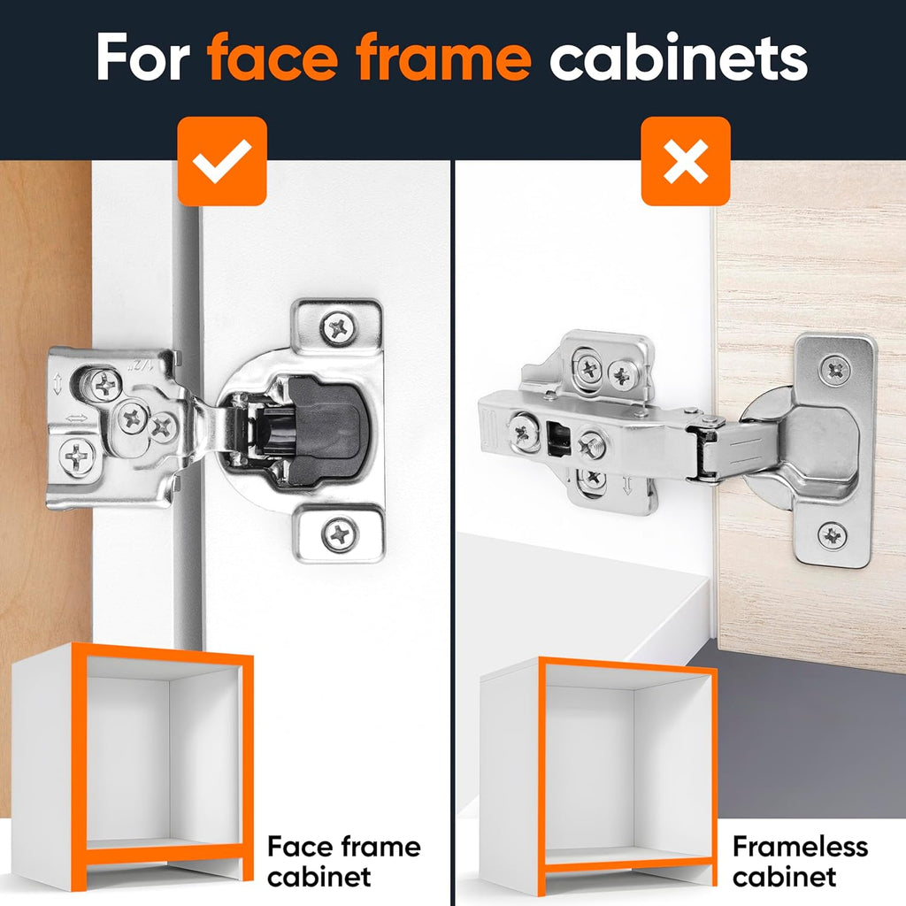 50 Pack Soft Close Cabinet Hinges - 1/2" Overlay Doors, Slow Self-Closing Concealed Hidden Hinges for Face Frame