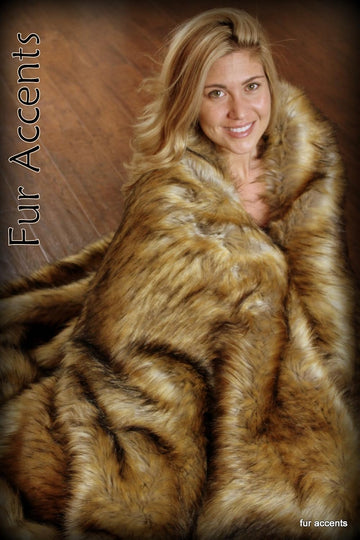 Throw Blanket Golden Wolf Faux Fur with Minky Fur Lining/Luxury and Comfort Adult Size 5'x6'