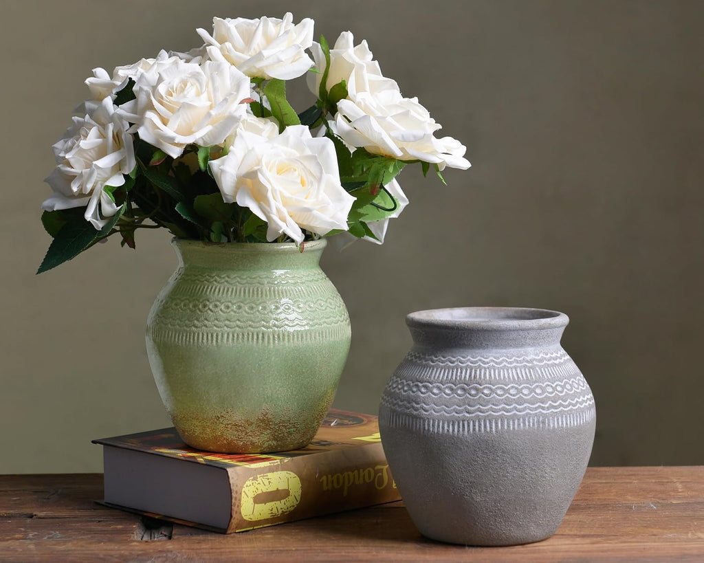 Ceramic Rustic Farmhouse Vase, Green Distressed Flower Vase