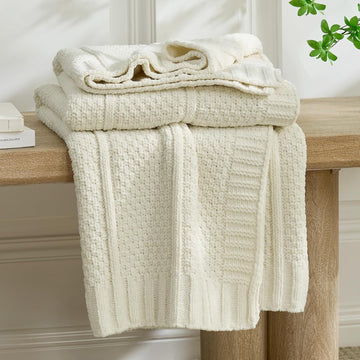 Premium Chenille Throw Blanket, Soft Cozy Moss Stitch Knit Blanket, Chair, Home Decor, Cream White 50"x60"