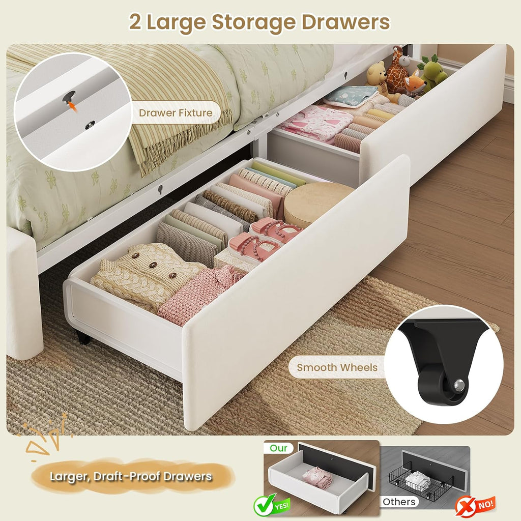 Twin Size Bed Frame for Kids with Storage Drawers, Bookcase Headboard, LED Lights and Power Outlets, Diamond Tufted