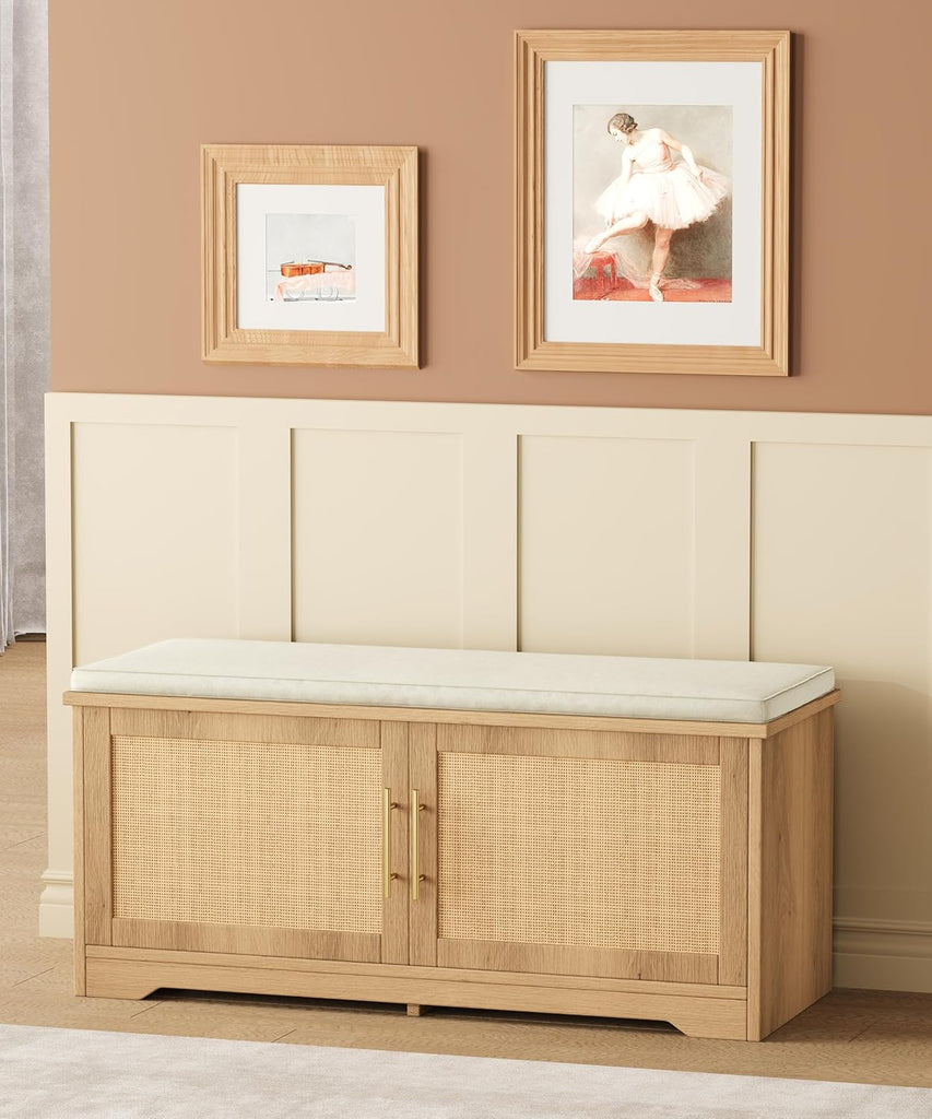 Rattan Shoe Storage Bench with Cushion, 39.4" Wide Entryway Bench with Adjustable Shelf, Hidden Shoe Organizer