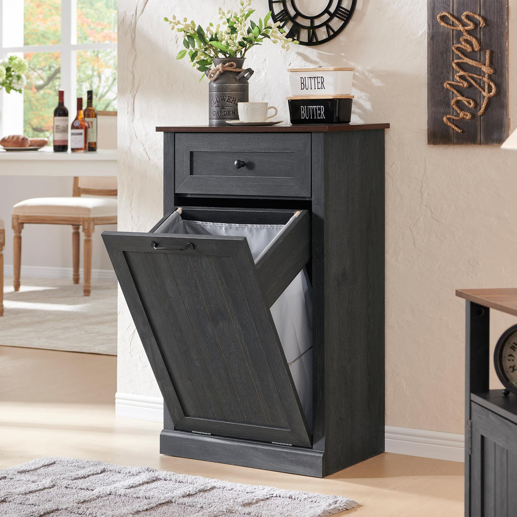 Tilt Out Laundry Hamper Cabinet, Trash Can Cabinet, Dark Grey