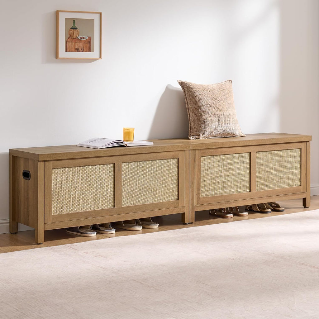 Rattan Storage Chest 39.4" Storage Bench | Boho Storage Truck with 2 Safety Hinges and Flip Top Entryway, Supports