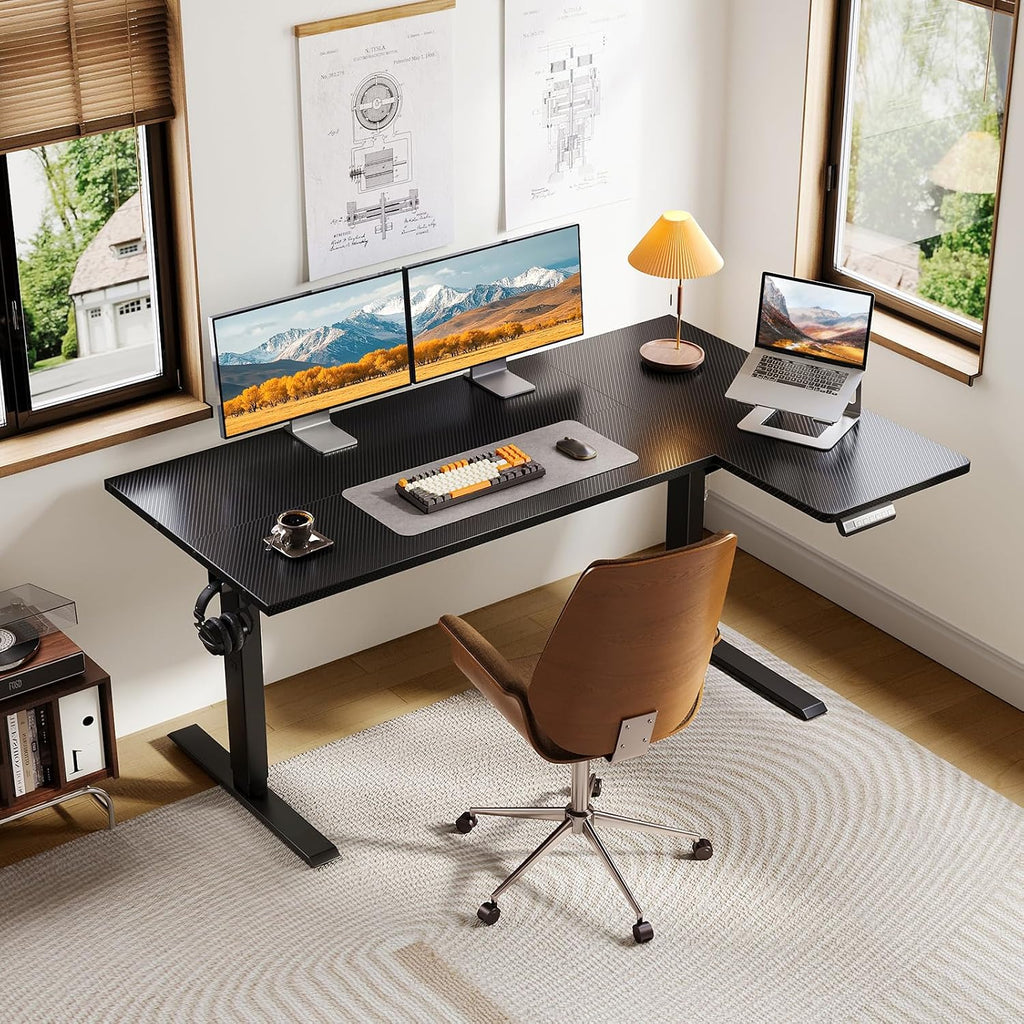 55" Reversible L Shaped Electric Standing Desk, Carbon Fiber Black