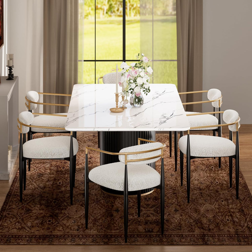 Morden Fort Modern Dining Chairs Set of 2, Upholstered Boucle Dining Chairs with Gold Arms and Black Metal Legs