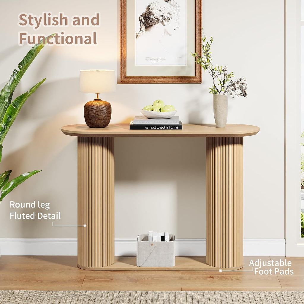 Fluted Console Table, Farmhouse Oval Curved Entryway Table with Storage and Fluted Wood Legs, Narrow Sofa Table Small