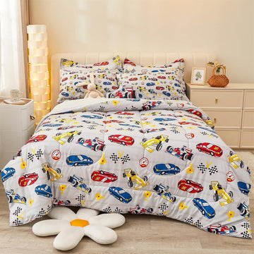 Comforter Sets for Boys Kids, 6 Pieces Bed in a Bag Racing Car Bedding Comforter Sheet Set with Shams and