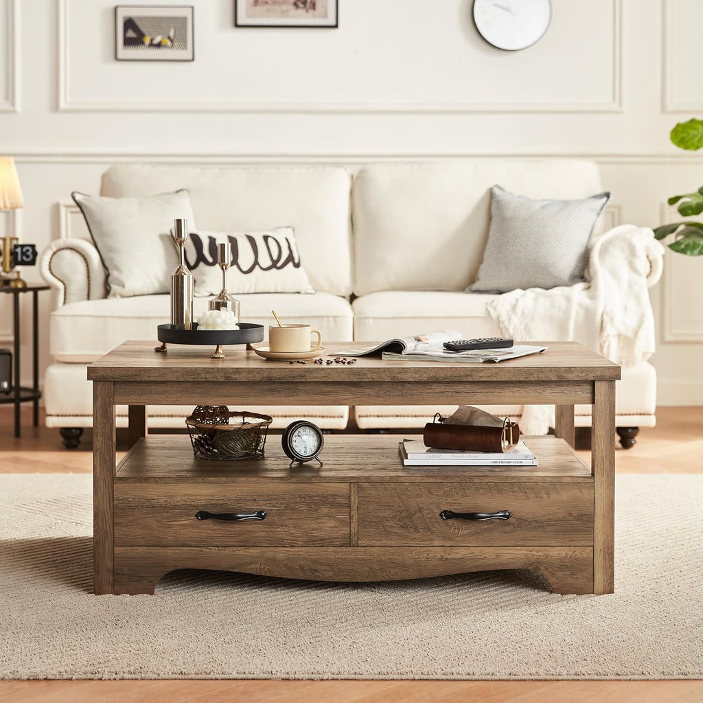 Farmhouse Coffee Table with Storage, Wood Coffee Table, Open Display Area and Storage Drawers with Metal Handles