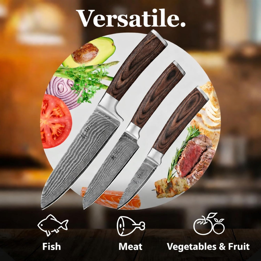 3-Piece Damascus Kitchen Knife Set in Wooden Gift Box | VG10 core, 67 layers genuine Damascus steel, 60 HRC, 7-inch
