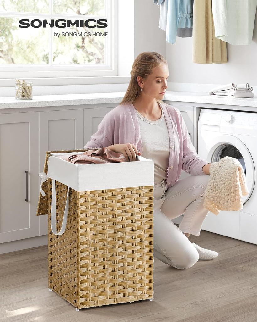 Laundry Hamper with Lid, 17.2 Gallon (65 L) Synthetic Rattan Clothes Laundry Basket with Lid and Handles, Foldable