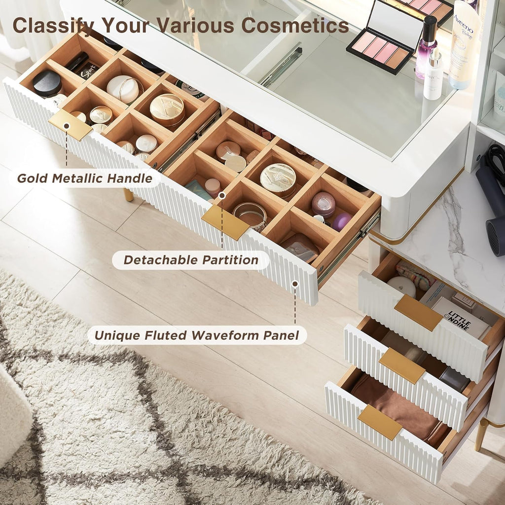 Fluted Makeup Vanity Desk with 36" HD Lighted Mirror, 48" Big Modern Vanity Desk with Mirror and Lights, Dressing