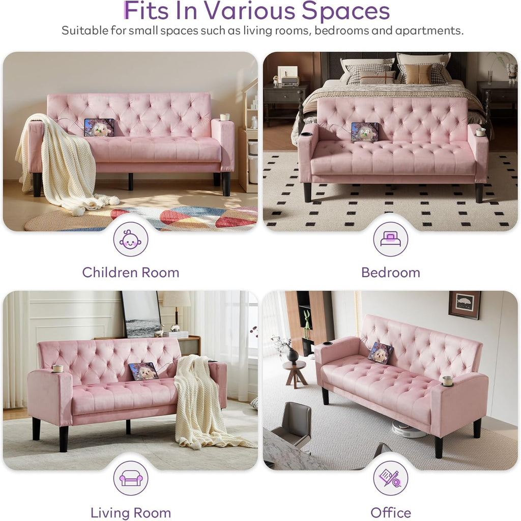 Mid-Century Modern Tufted Pink Velvet Loveseat Sofa Set w/ 2 USB & 2 Cupholders, 2 Piece Living Room Furniture Sets