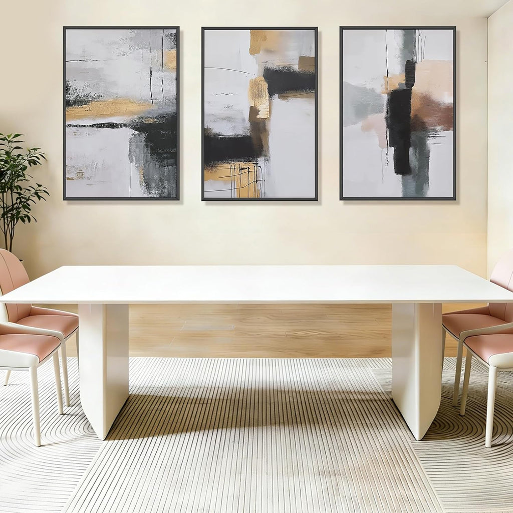 Large Neutral Abstract Wall Art Set of 3 Framed Canvas Prints, 24x36 Inch Modern Beige Black Abstract Paintings with