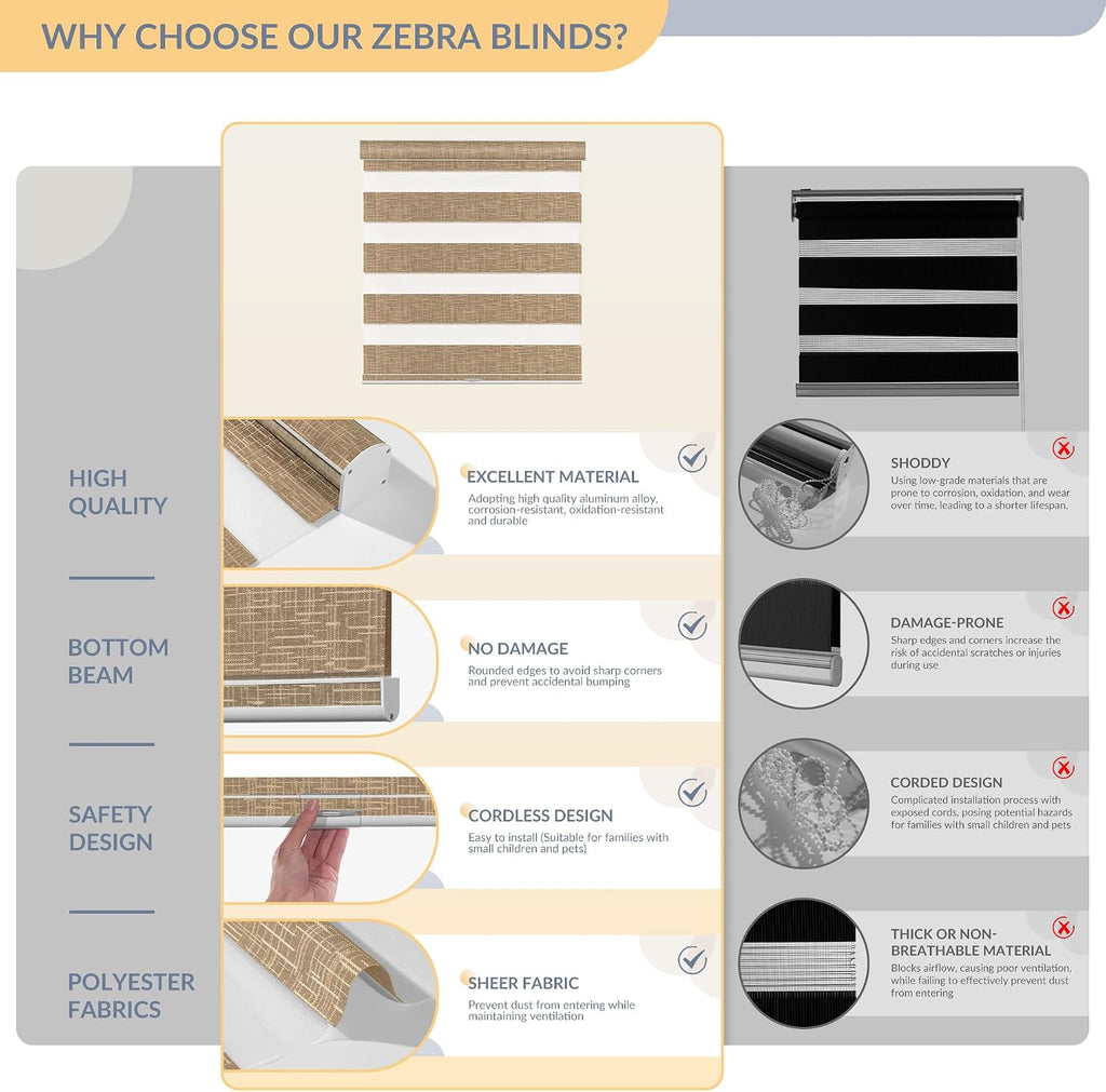 Cordless Zebra Blinds for Windows, Free-Stop, Dual Layer Zebra Blinds for Indoor Windows, Filtering Light Control for Day & Night, Sheer Shades for Home or Office, Sand Brown, Custom Sizes