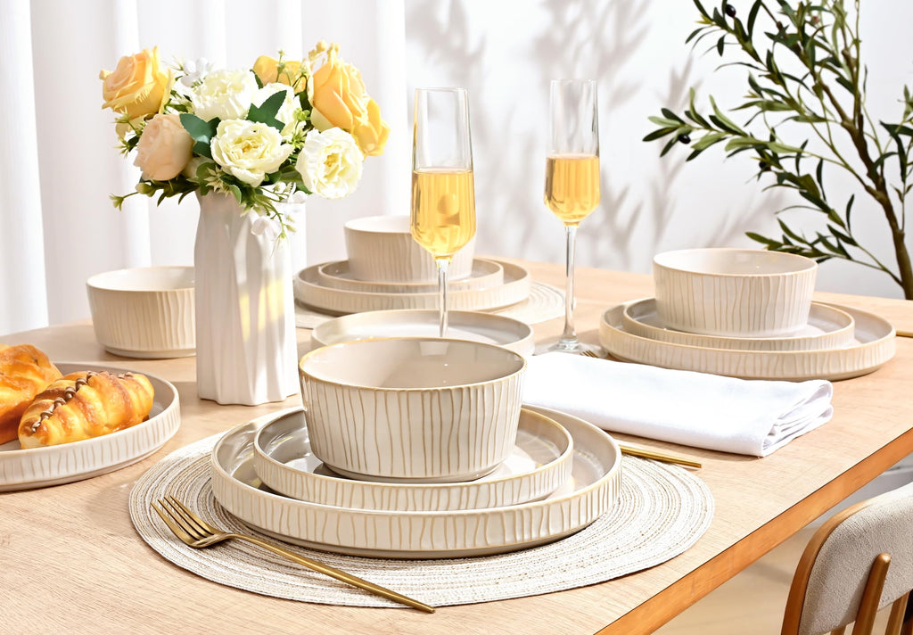 Stoneware Dinnerware Sets for 4, 12 Pcs Ribbed Reactive Glaze Ceramic Plates and Bowls Sets, Chip Resistant