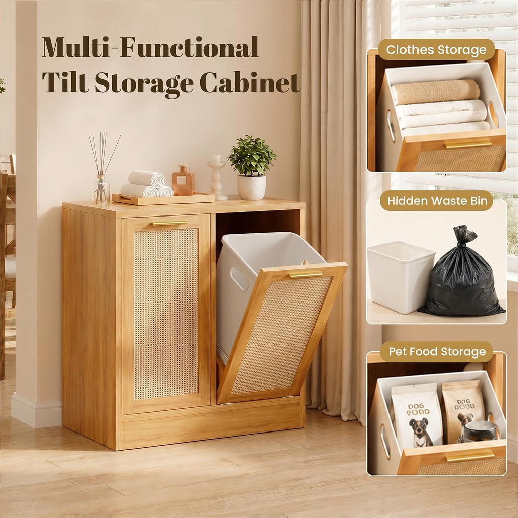 Laundry Cabinet, Bathroom Cabinet with with Breathable Real Rattan Design, Clothes Storge Basket with 2 Removable