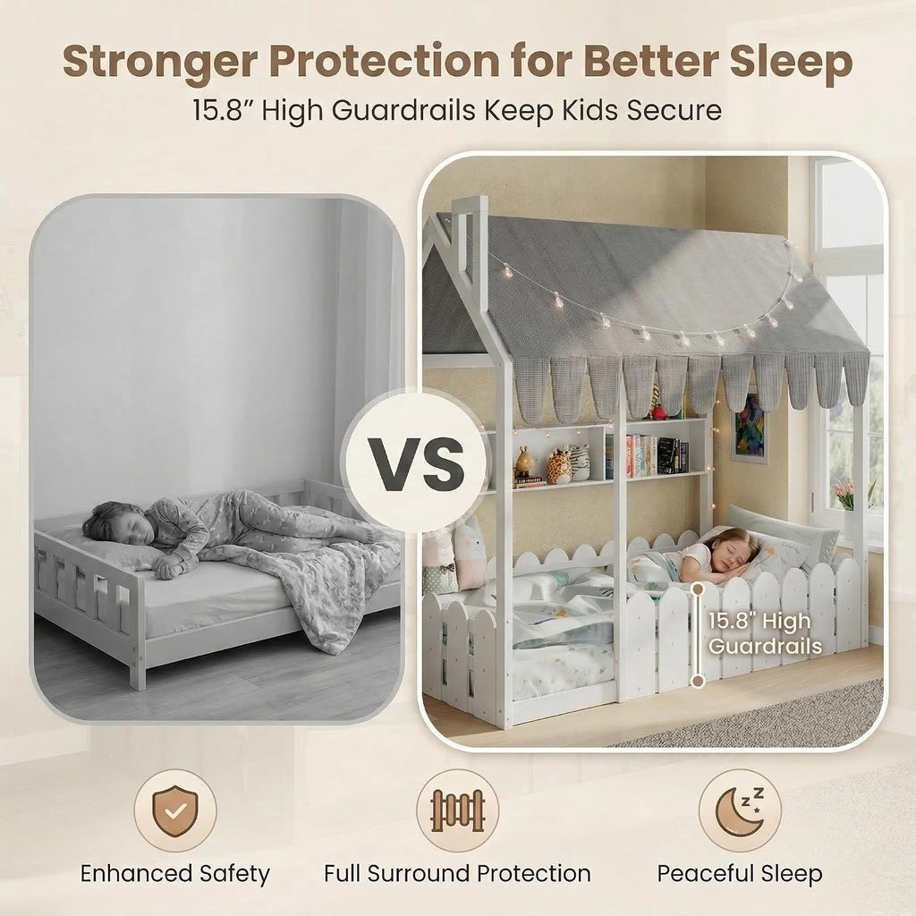 Twin Montessori House Floor Bed for Kids with Fence Railings, Tent & Lights, Wooden Kids Floor Bed Frame with 3