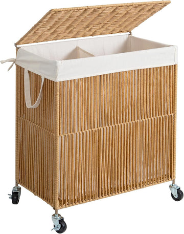 Rolling Laundry Basket Wheels, Handwoven Laundry Hamper with Lid | Double Clothes Hamper with Divided Removable Bag