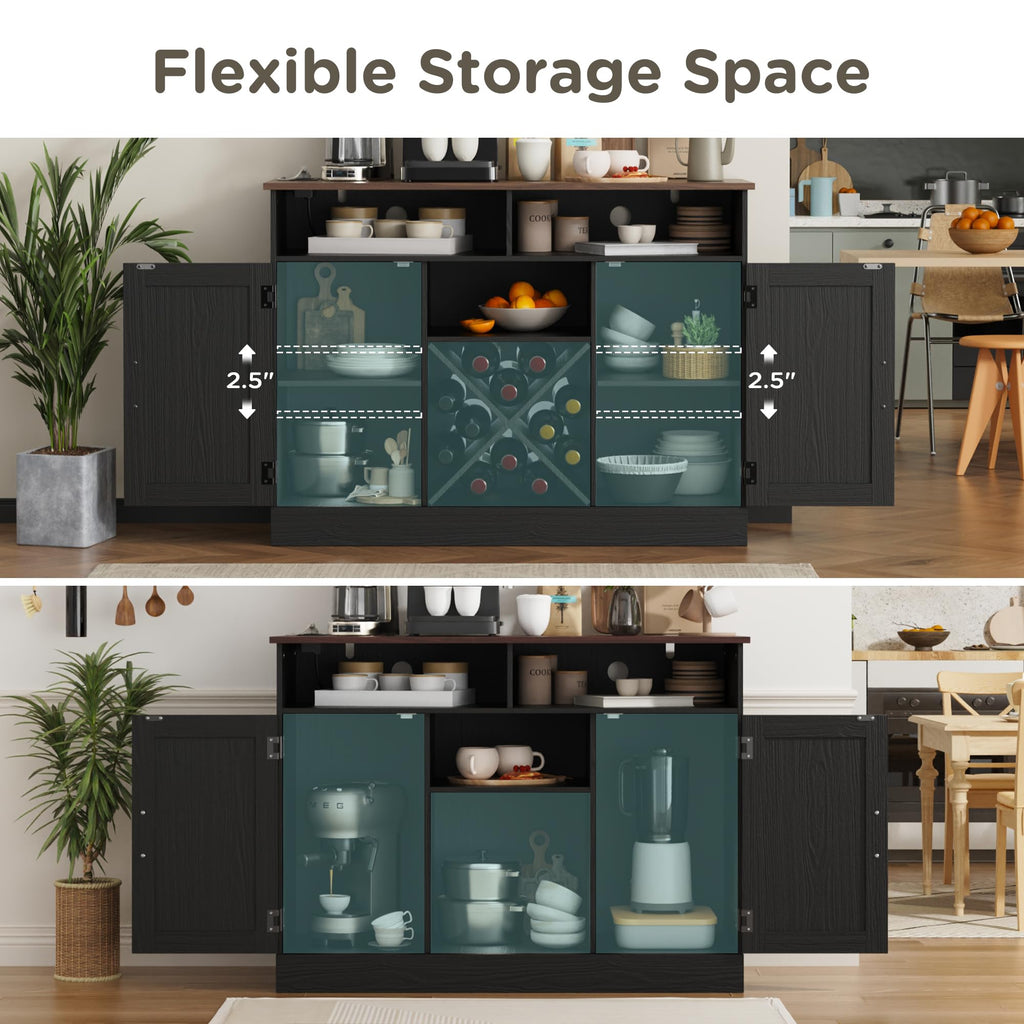 Farmhouse Coffee Bar Cabinet with Prower Outlets, Rustic Liquor Cabinet with Wine Rack, Wooden Wine Cabinet, Black