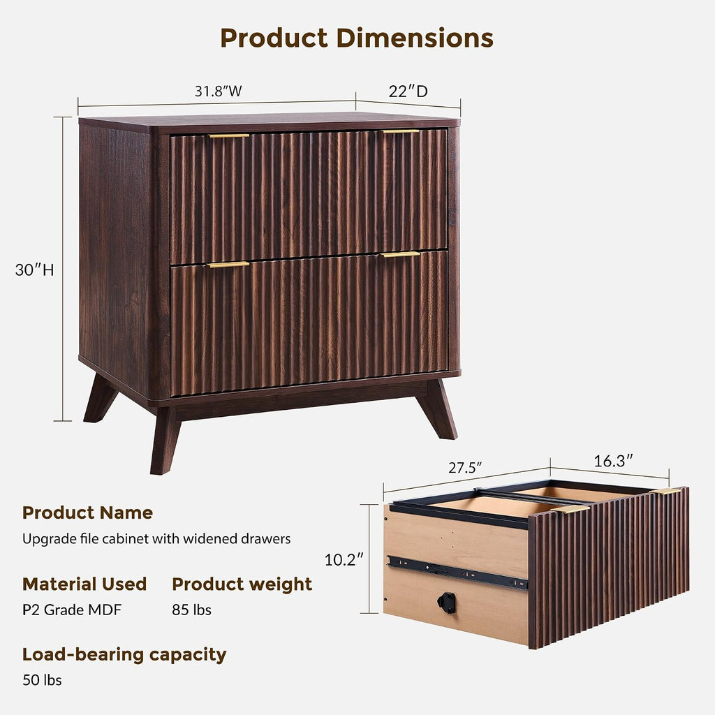 31.8-Inch Fluted 2 Drawer Lateral File Cabinet, Dark Walnut | Filing Cabinet with Files Hanging Rod for Letter