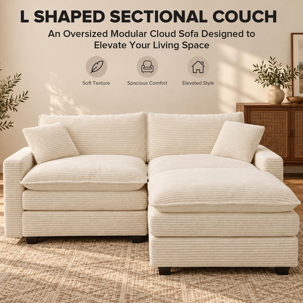 74" Cloud Loveseat with Movable Ottoman, L Shaped Modular Sectional Sofa