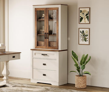 73.3" H Farmhouse-Style Bookcase w/Tempered Glass Doors&File Drawers