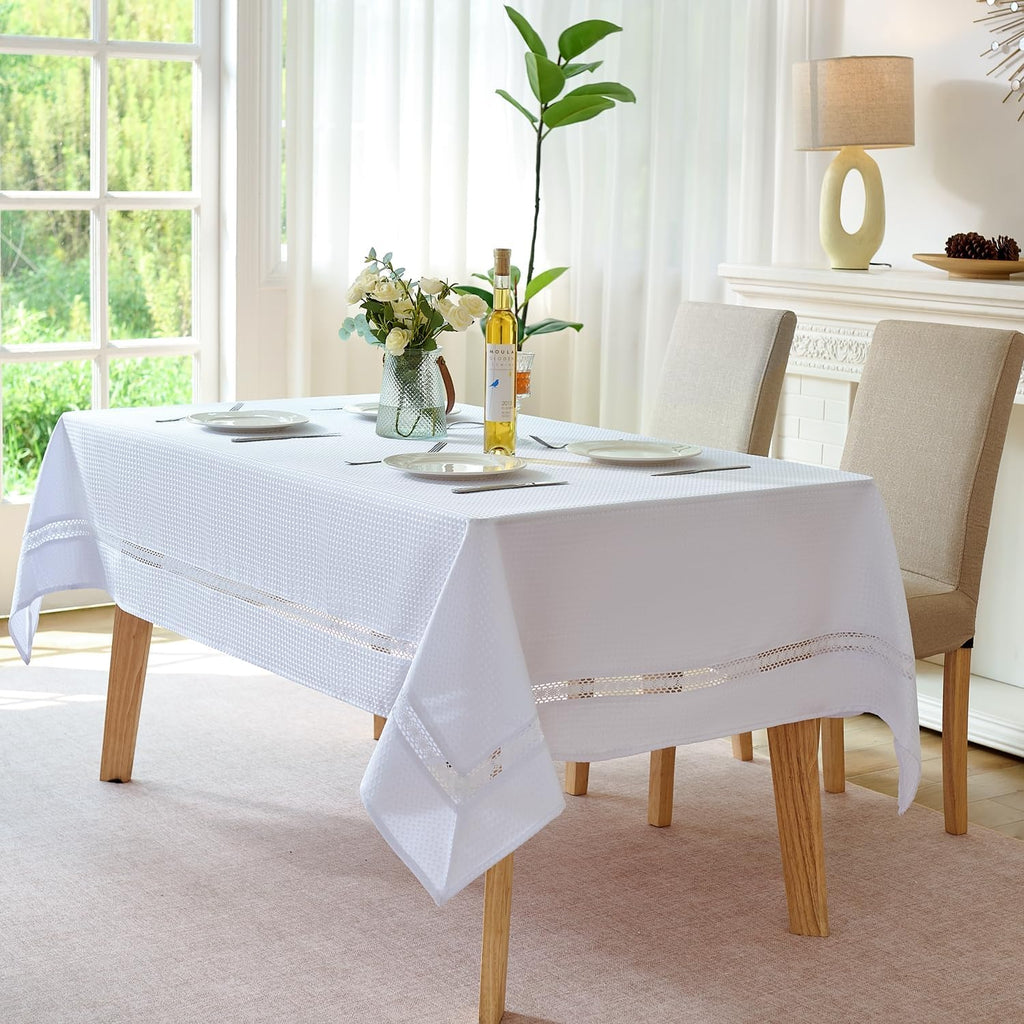 Heavy Duty Waffle Weave Jacquard Fabric Tablecloth with White Lace,Waterproof and Stain-Resistant Ta
