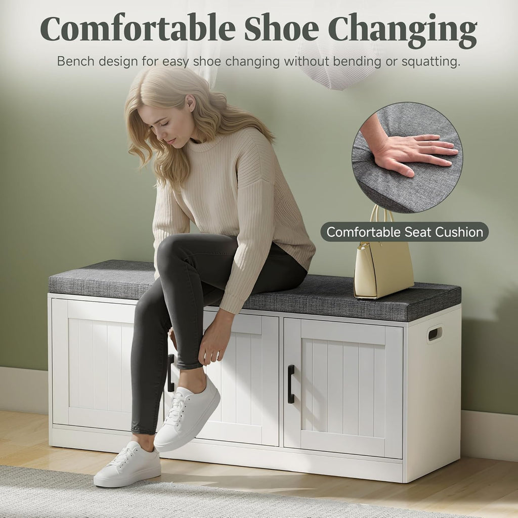 Shoe Storage Bench with Cabinet, 3-Tier Entryway Bench with Padded Seat Cushion, Shoe Cabinet Bench with 4 Adjustable