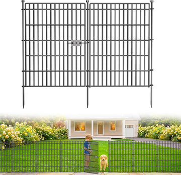 10 Panels No Dig Garden Fence with Gate, 34in(H) × 22.5ft(L) Decorative Metal Outdoor Dog Fence, Rustproof Pet