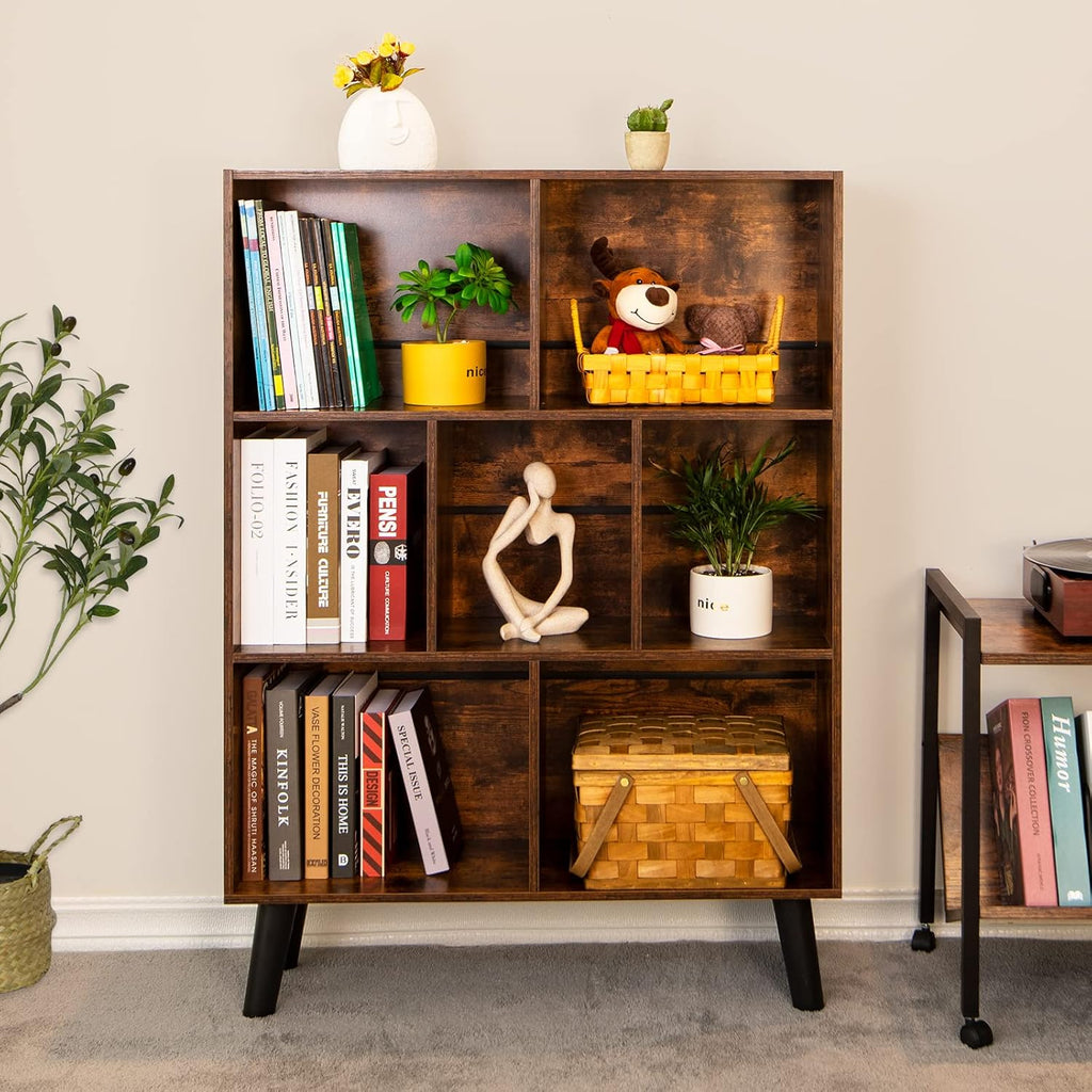 Cube Bookshelf 3 Tier Mid-Century Rustic Brown Modern Bookcase with Legs,Retro Wood Bookshelves Storage Organizer