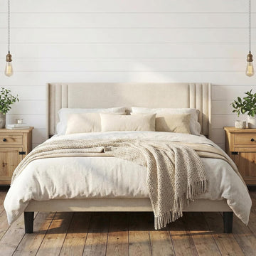 Queen Bed Frame with Wingback Headboard, Upholstered Platform Bed, Wooden Slats, Noise-Free, No Box Spring Needed