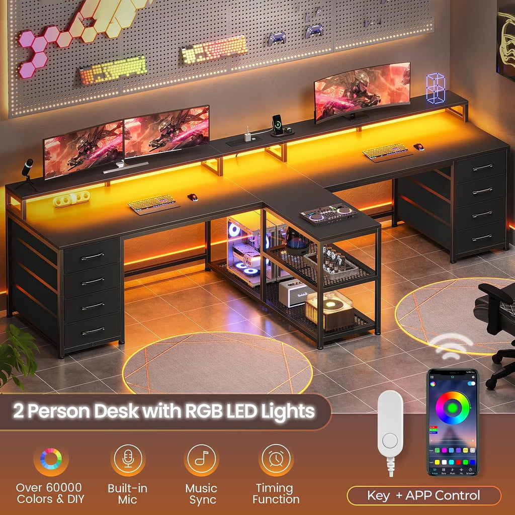 94.5" 2 Person Gaming Desk, Long Office Computer Desk with 8 Drawers & LED Light, Two Person Desk with Storage