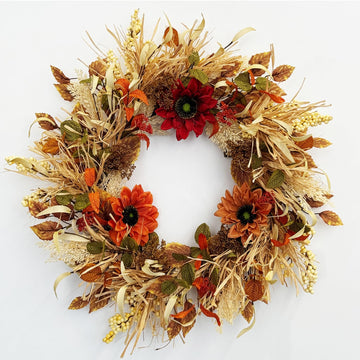 24 Inch Fall Wreaths for Front Door with Sunflowers and Raffia