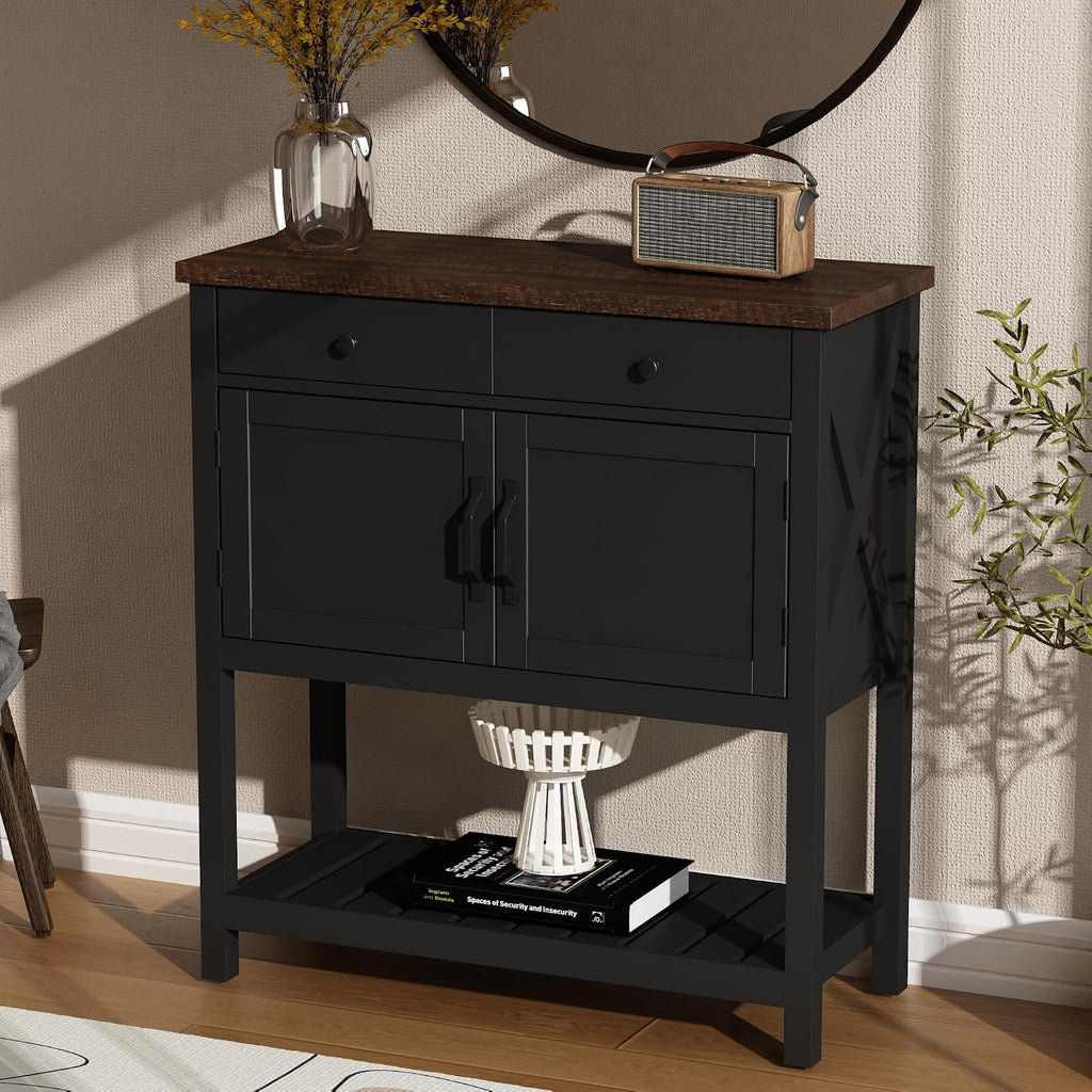 Farmhouse Console Table, Entryway Table with Storage Shelf, Coffee Bar Cabinet, Narrow Buffet Sideboard , Black