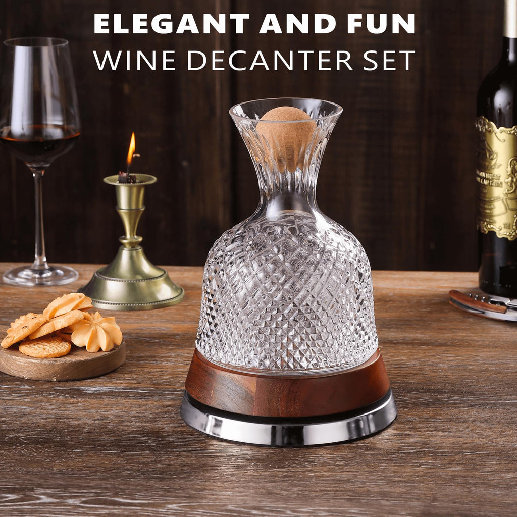 Rotating Wine Decanter Set with Solid Wood Base, Fun Crystal Glass Wine Carafe, Red Wine Decanter, Wine Accessories