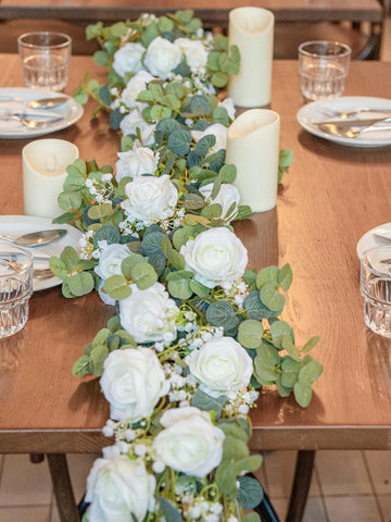 6FT Artificial Eucalyptus White Flower Garland with Roses & Baby's Breath