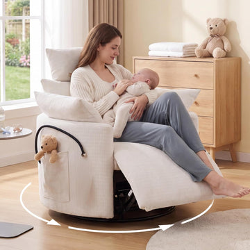 Chenille Nursery Rocking Chairs Recliner, Manual, White | 4" Height and 55° Angle Adjustable Headrest, 360° Silent
