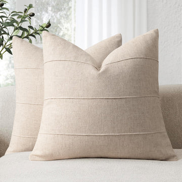Decorative Linen Throw Pillow Covers 22x22 Set of 2 Solid handcrafted Striped Throw Pillows for Bed Soft Modern